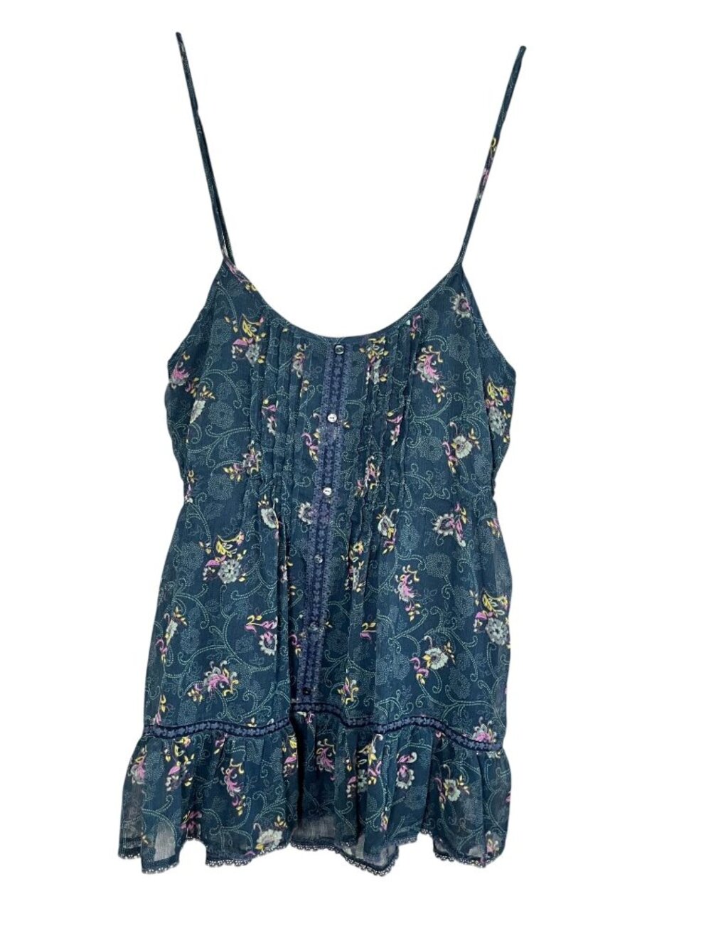 Y2K Babydoll Floral Tank Top Blue M Boho Indie Folk Sheer Peasant Artsy Festival